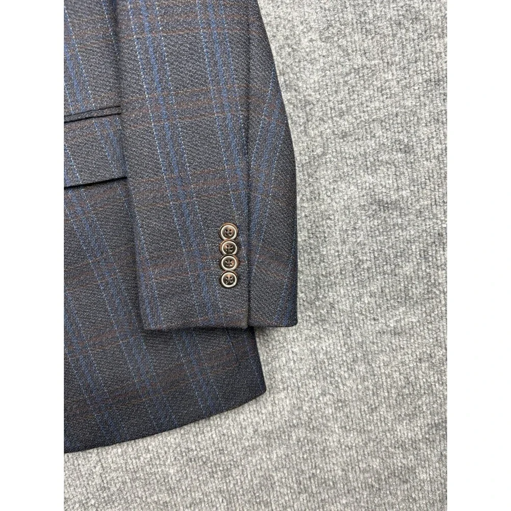 Johnston & Murphy Sport Coat Mens L Gray Blue Plaid 100% Wool Blazer Jacket